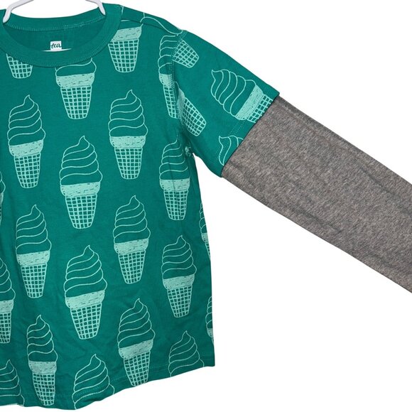 Green Ice Cream Cone Print Long Sleeve Layered Tee By Tea Collection Size 8 Boys - Picture 4 of 5
